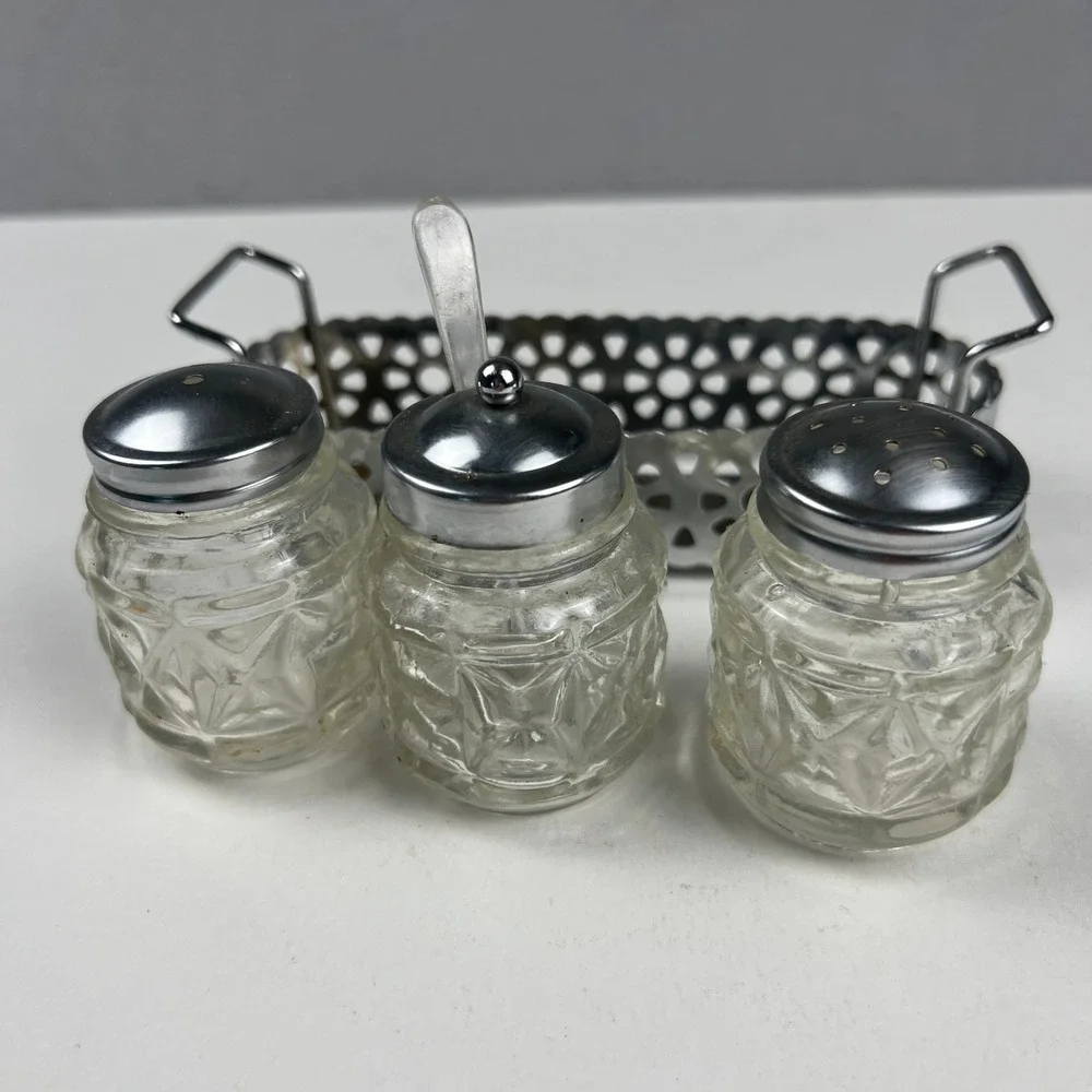 Vintage Condiment Set Glass Jars Metal Caddy Silver Clear Mid Century Tableware